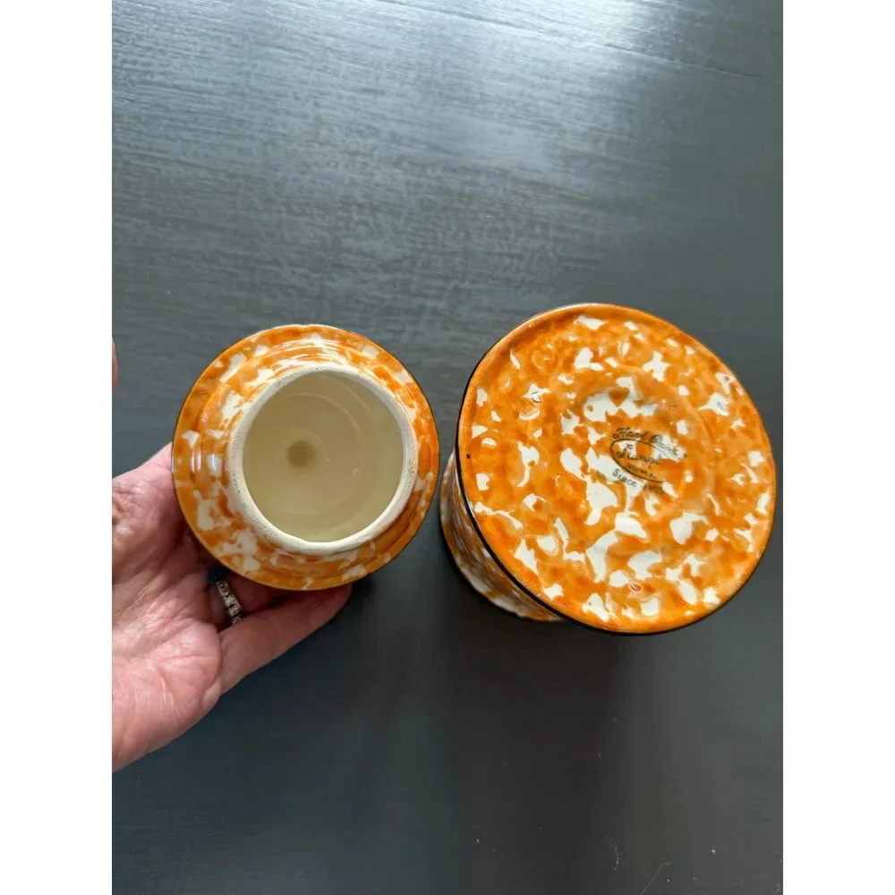 Stangl Town & Country Orange Spongeware Covered Sugar Bowl & Creamer Set